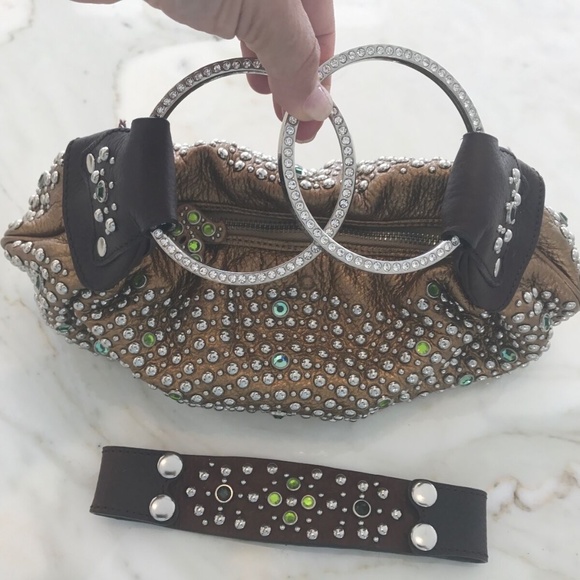 G SERIES BRONZE LEATHER CRYSTAL EMBELLISHED STUD CLUTCH BAG - Picture 5 of 16